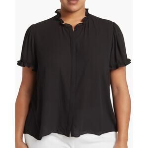 T Tahari womens Ruffle Neck Blouse black button up short sleeve NEW NWT sz L